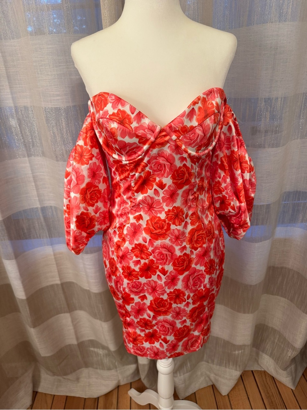 Oh Polly Red and Pink Floral Off-Shoulder Bodycon Dress